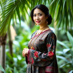 a beautiful Indonesian woman in traditional batik clothing, standing gracefully in a lush tropical setting, showcasing the rich cultural heritage of Indonesia