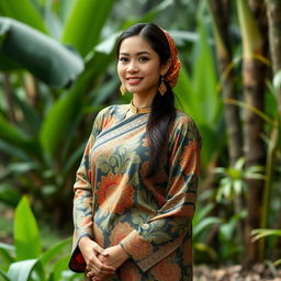 a beautiful Indonesian woman in traditional batik clothing, standing gracefully in a lush tropical setting, showcasing the rich cultural heritage of Indonesia