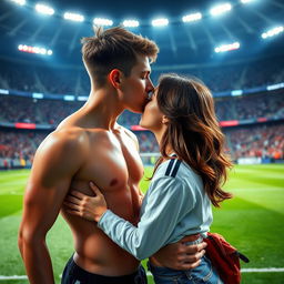 In the vibrant and energetic atmosphere of Allianz Stadium, a good-looking and athletic teenage boy, shirtless and glistening with sweat, shares a romantic kiss with a brunette girl on the pitch