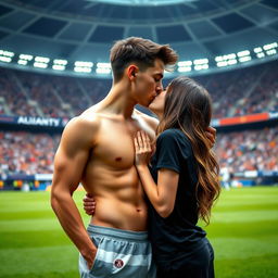 In the vibrant and energetic atmosphere of Allianz Stadium, a good-looking and athletic teenage boy, shirtless and glistening with sweat, shares a romantic kiss with a brunette girl on the pitch