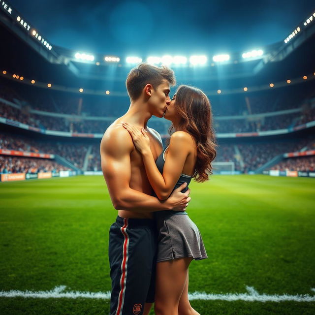 In the vibrant and energetic atmosphere of Allianz Stadium, a good-looking and athletic teenage boy, shirtless and glistening with sweat, shares a romantic kiss with a brunette girl on the pitch