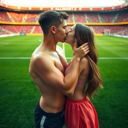 In the vibrant and energetic atmosphere of Allianz Stadium, a good-looking and athletic teenage boy, shirtless and glistening with sweat, shares a romantic kiss with a brunette girl on the pitch