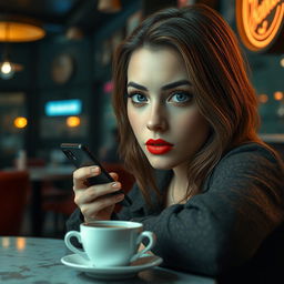 A masterpiece featuring a person with expressive eyes and a perfect face, sitting in a bar, looking sad with a cup of coffee on the table and holding a phone