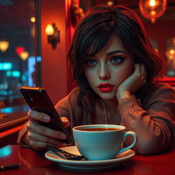 A masterpiece featuring a person with expressive eyes and a perfect face, sitting in a bar, looking sad with a cup of coffee on the table and holding a phone