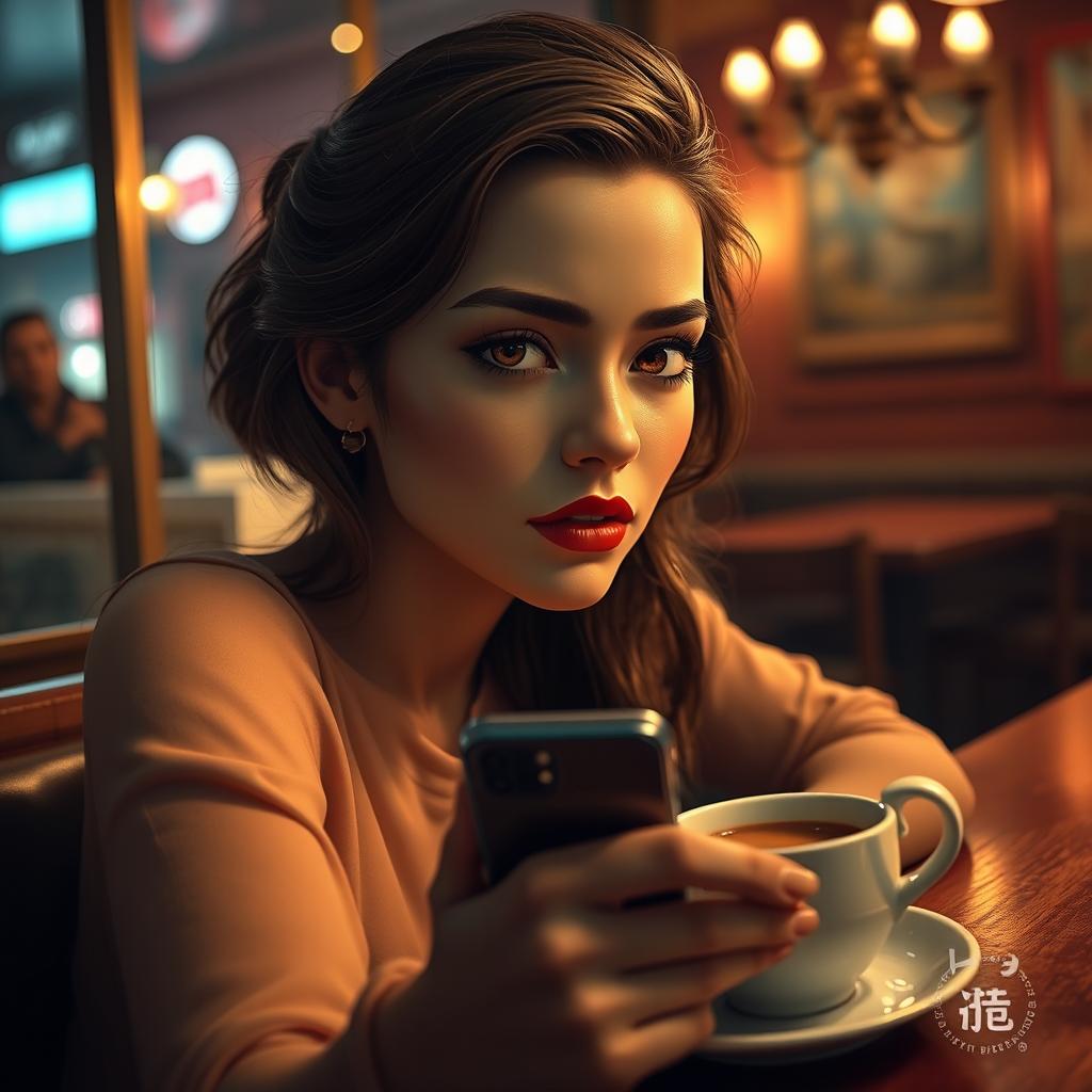 A masterpiece featuring a person with expressive eyes and a perfect face, sitting in a bar, looking sad with a cup of coffee on the table and holding a phone