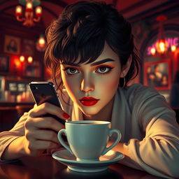 A masterpiece featuring a person with expressive eyes and a perfect face, sitting in a bar, looking sad with a cup of coffee on the table and holding a phone