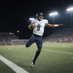 Dynamic action shot of a football mid-air with a football field backdrop under stadium lights