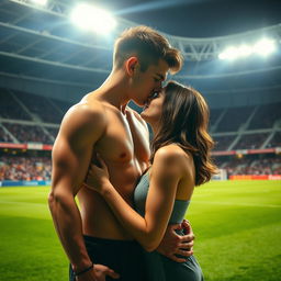 Under the bright lights of Allianz Stadium, a good-looking and muscular teenage boy, shirtless and glistening with sweat, passionately kisses a brunette girl on the pitch