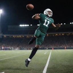 Dynamic action shot of a football mid-air with a football field backdrop under stadium lights