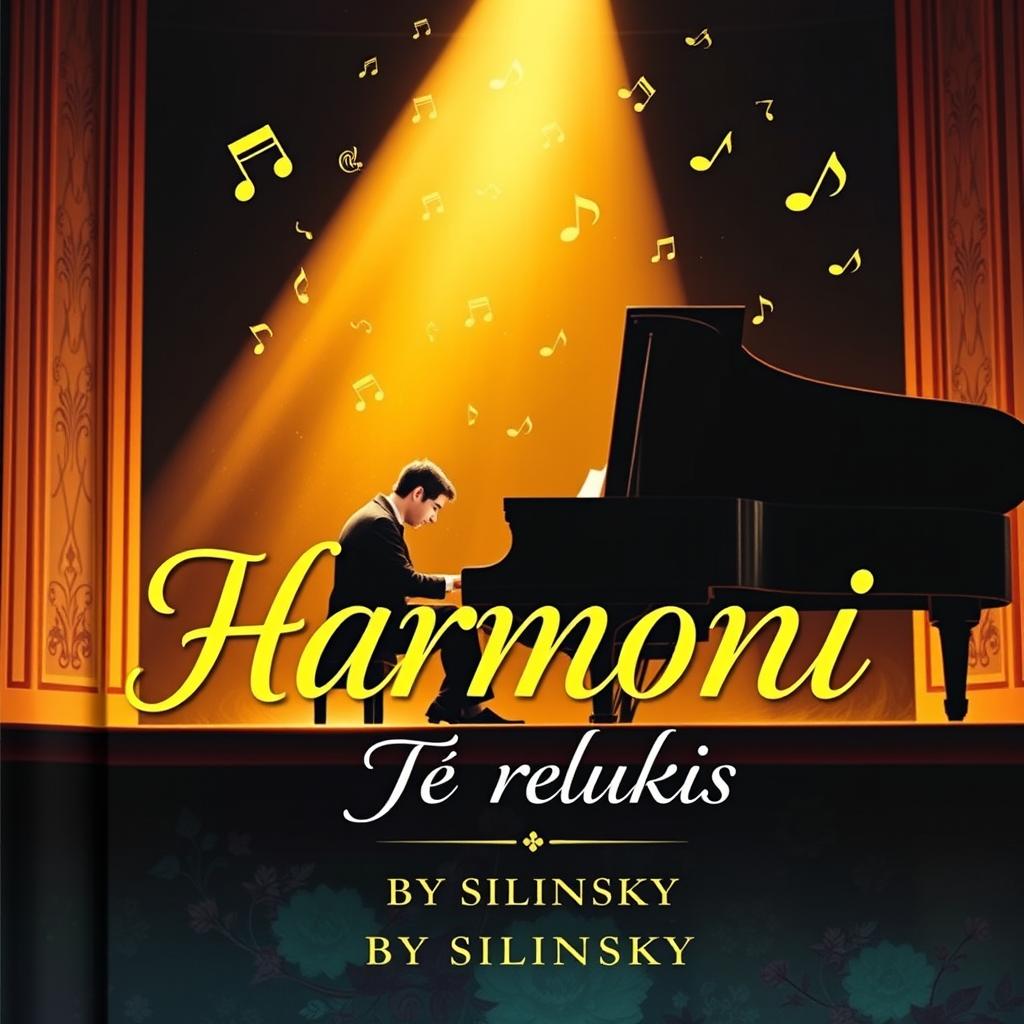 A novel cover illustrating a male pianist seated at a grand piano during a recital, with musical notes rising elegantly in the air, casting dark shadows contrasted by ethereal golden light