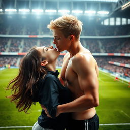 In the vibrant and energetic atmosphere of Allianz Stadium, a good-looking and athletic teenage boy with blonde hair, shirtless and glistening with sweat, shares a romantic kiss with a brunette girl on the pitch