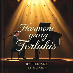 A novel cover illustrating a male pianist seated at a grand piano during a recital, with musical notes rising elegantly in the air, casting dark shadows contrasted by ethereal golden light