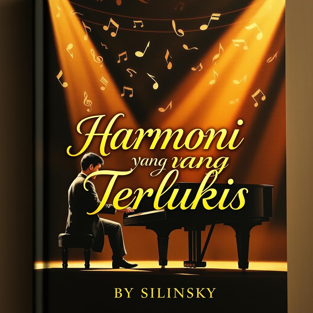 A novel cover illustrating a male pianist seated at a grand piano during a recital, with musical notes rising elegantly in the air, casting dark shadows contrasted by ethereal golden light