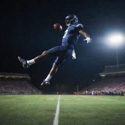 Dynamic action shot of a football mid-air with a football field backdrop under stadium lights