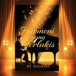 A novel cover illustrating a male pianist seated at a grand piano during a recital, with musical notes rising elegantly in the air, casting dark shadows contrasted by ethereal golden light