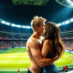 Within the dynamic ambiance of Allianz Stadium, a good-looking and muscular teenage boy with blonde-brown hair, shirtless and glistening with sweat, passionately kisses a brunette girl on the pitch