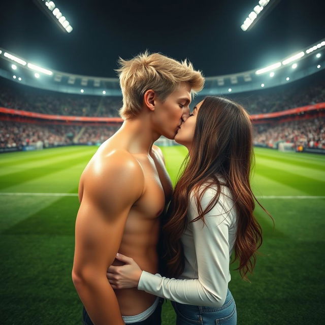 Within the dynamic ambiance of Allianz Stadium, a good-looking and muscular teenage boy with blonde-brown hair, shirtless and glistening with sweat, passionately kisses a brunette girl on the pitch