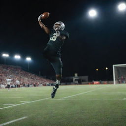 Dynamic action shot of a football mid-air with a football field backdrop under stadium lights