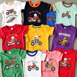 A collection of colorful children's t-shirts with fun motorbike designs