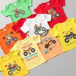 A collection of colorful children's t-shirts with fun motorbike designs