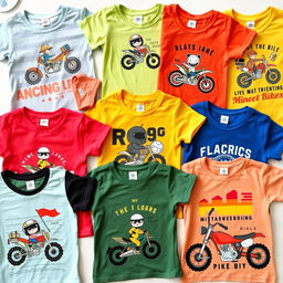 A collection of colorful children's t-shirts with fun motorbike designs