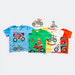 A collection of colorful children's t-shirts with fun motorbike designs