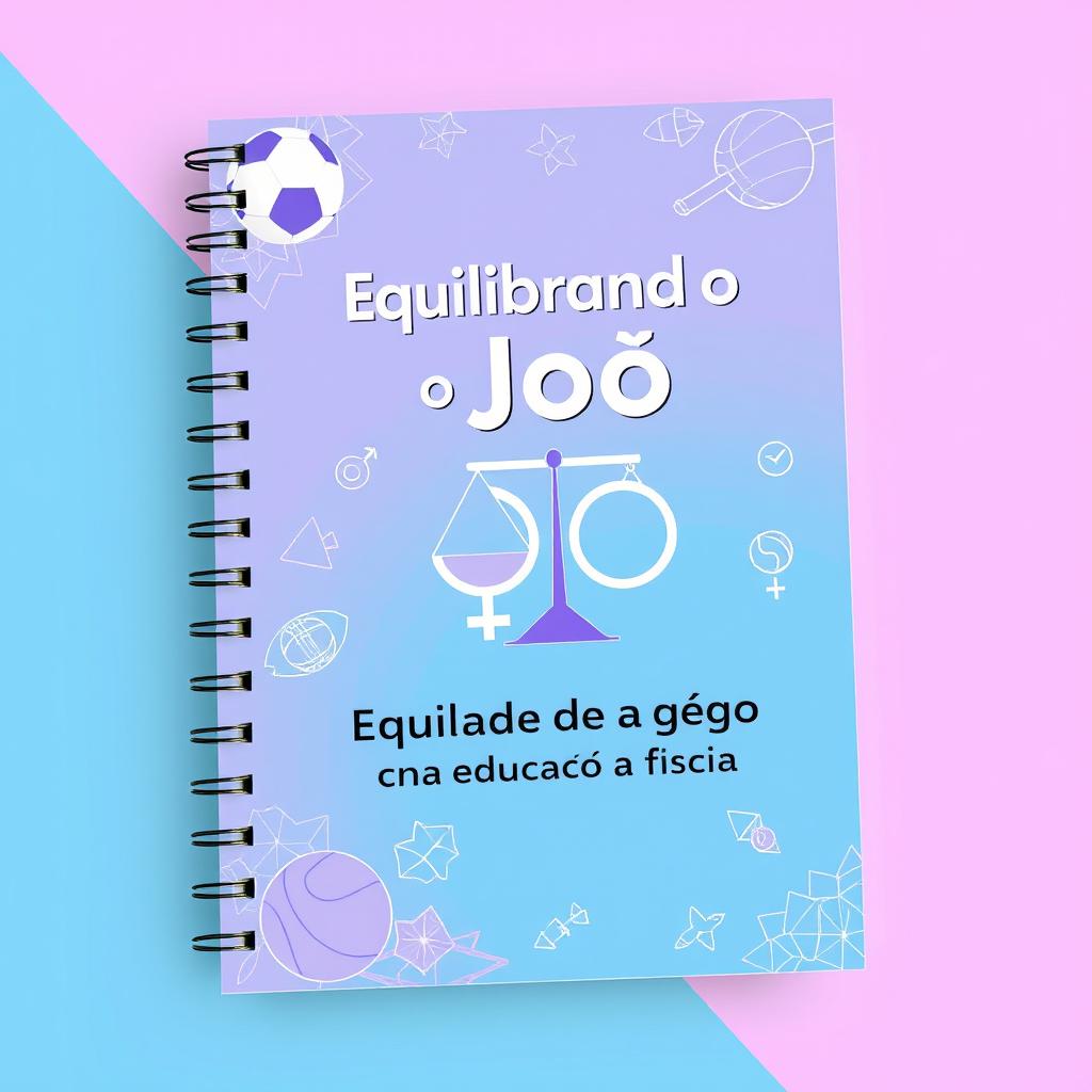 Notebook cover design in lilac and blue with the theme "Equilibrando o Jogo: Equidade de Gênero na Educação Física"