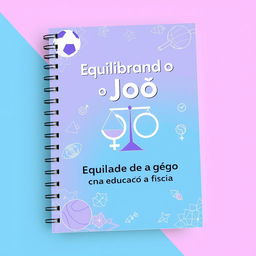 Notebook cover design in lilac and blue with the theme "Equilibrando o Jogo: Equidade de Gênero na Educação Física"