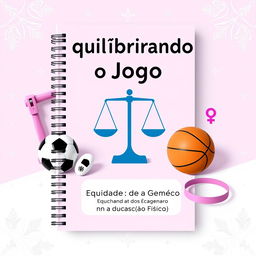 Notebook cover design in lilac and blue with the theme "Equilibrando o Jogo: Equidade de Gênero na Educação Física"