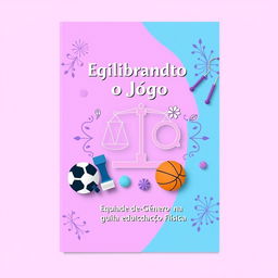 Notebook cover design in lilac and blue with the theme "Equilibrando o Jogo: Equidade de Gênero na Educação Física"