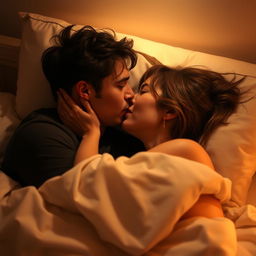 A man and a woman kissing romantically in bed, intimately nestled together under soft, dim lighting, surrounded by plush pillows and a cozy blanket, their expressions filled with love and tenderness