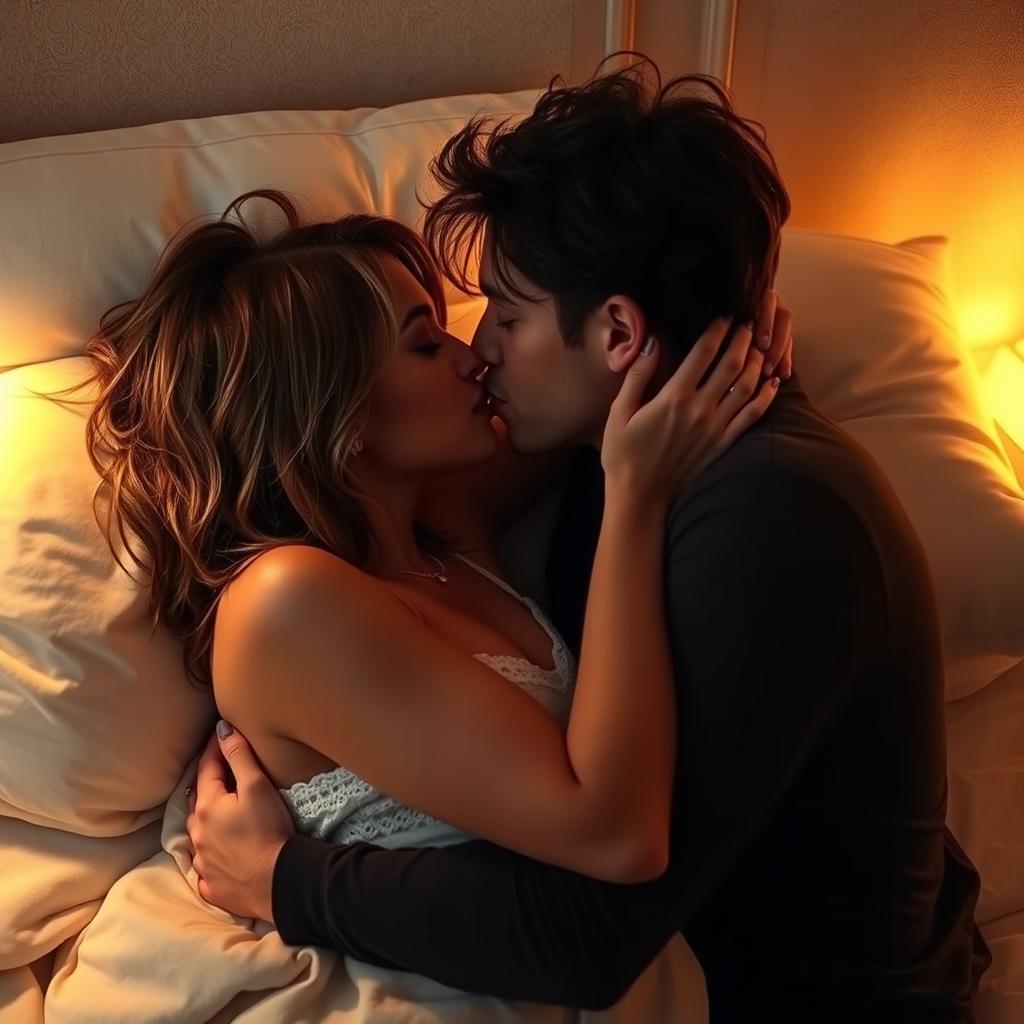 A man and a woman kissing romantically in bed, intimately nestled together under soft, dim lighting, surrounded by plush pillows and a cozy blanket, their expressions filled with love and tenderness