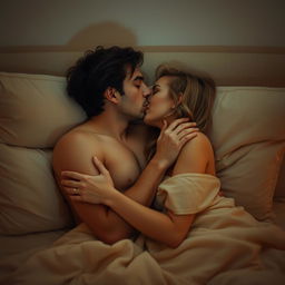 A man and a woman kissing romantically in bed, intimately nestled together under soft, dim lighting, surrounded by plush pillows and a cozy blanket, their expressions filled with love and tenderness