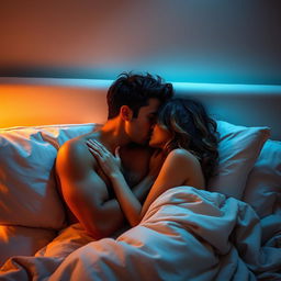 A man and a woman kissing romantically in bed, intimately nestled together under soft, dim lighting, surrounded by plush pillows and a cozy blanket, their expressions filled with love and tenderness