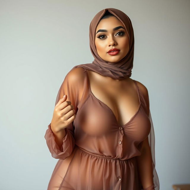 A woman wearing a hijab is dressed in translucent, seductive sleepwear