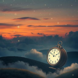 An ethereal scene capturing the magical moment at 11:11, portraying a dreamlike landscape with surreal elements, a mystical ambiance, and a whimsical clock striking 11:11