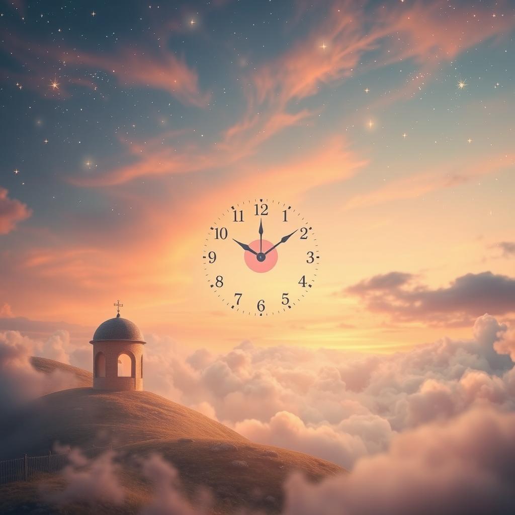 An ethereal scene capturing the magical moment at 11:11, portraying a dreamlike landscape with surreal elements, a mystical ambiance, and a whimsical clock striking 11:11