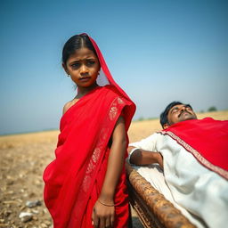 A solemn Hindu girl in an elegant red sari, her eyes filled with tears, stands near the cot of a deceased man in an open field