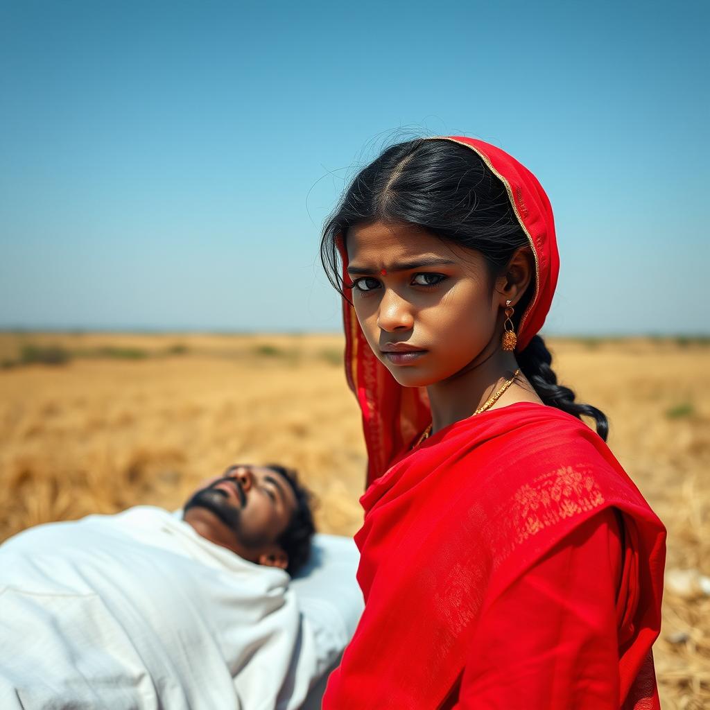 A solemn Hindu girl in an elegant red sari, her eyes filled with tears, stands near the cot of a deceased man in an open field