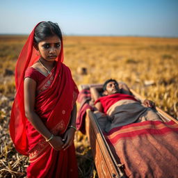 A solemn Hindu girl in an elegant red sari, her eyes filled with tears, stands near the cot of a deceased man in an open field