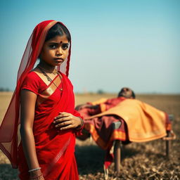 A solemn Hindu girl in an elegant red sari, her eyes filled with tears, stands near the cot of a deceased man in an open field