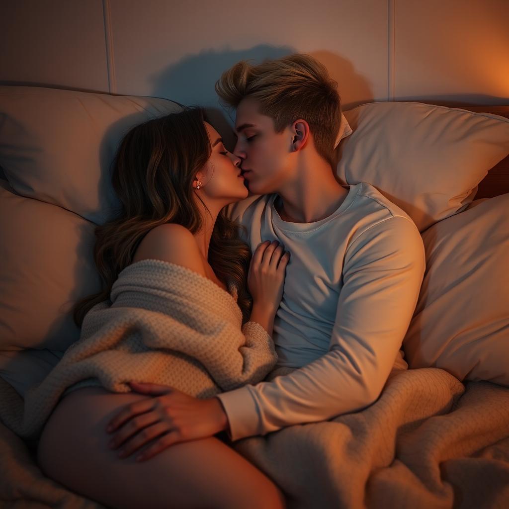 A dark blonde young man and a young woman sharing a romantic kiss on a bed, surrounded by soft pillows and a cozy blanket, creating an intimate atmosphere