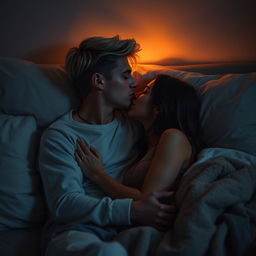 A dark blonde young man and a young woman sharing a romantic kiss on a bed, surrounded by soft pillows and a cozy blanket, creating an intimate atmosphere