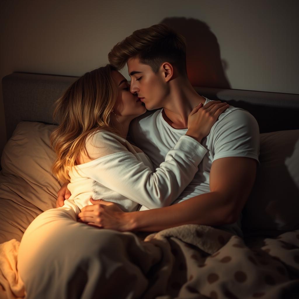 A dark blonde young man and a young woman sharing a romantic kiss on a bed, surrounded by soft pillows and a cozy blanket, creating an intimate atmosphere