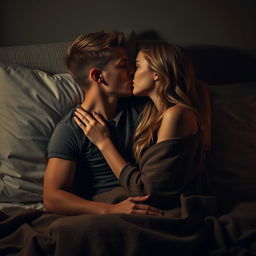 A dark blonde young man and a young woman sharing a romantic kiss on a bed, surrounded by soft pillows and a cozy blanket, creating an intimate atmosphere