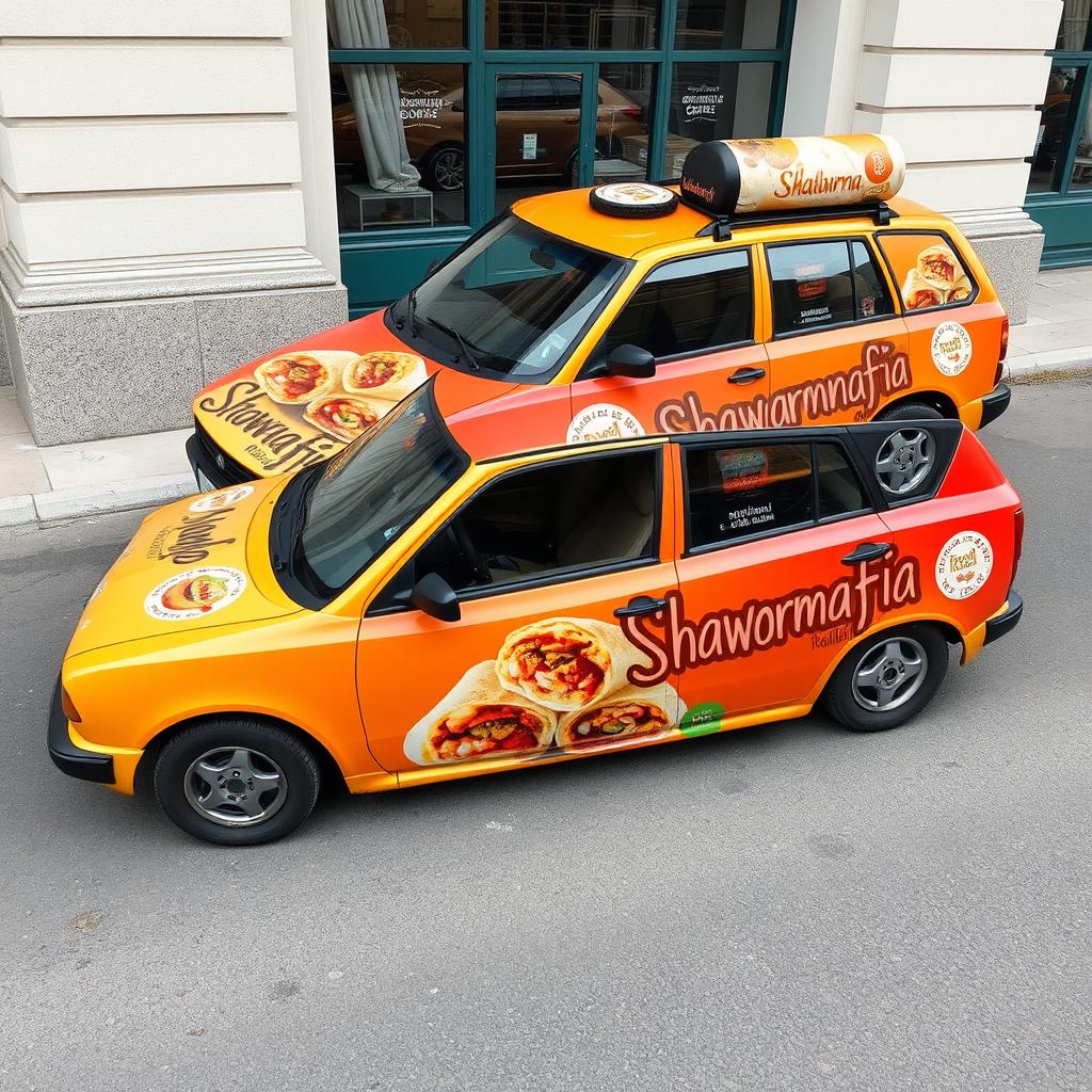 A VAZ 1111 OKA car uniquely customized for food delivery, featuring the words 'Shawarmafia' and 'Rollomafia' boldly displayed on the sides in a catchy, modern font