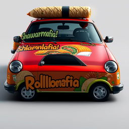 A VAZ 1111 OKA car uniquely customized for food delivery, featuring the words 'Shawarmafia' and 'Rollomafia' boldly displayed on the sides in a catchy, modern font