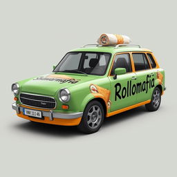 A VAZ 1111 OKA car uniquely customized for food delivery, featuring the words 'Shawarmafia' and 'Rollomafia' boldly displayed on the sides in a catchy, modern font