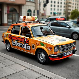 A VAZ 1111 OKA car uniquely customized for food delivery, featuring the words 'Shawarmafia' and 'Rollomafia' boldly displayed on the sides in a catchy, modern font