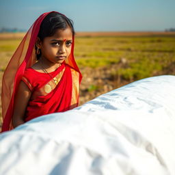 A Hindu girl in an elegant red sari, her eyes filled with tears, stands near the white cloth-covered cot of the deceased in an open field